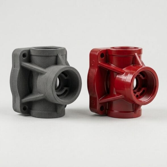 Comparatif : prototype gris en SLS et pièce injectée finale rouge