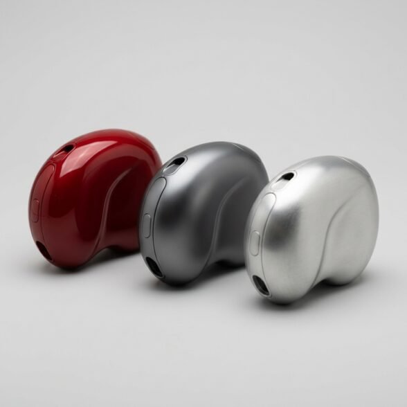 Prototypes d'aspect en trois finitions : rouge brillant, gris satiné, métallisé brossé